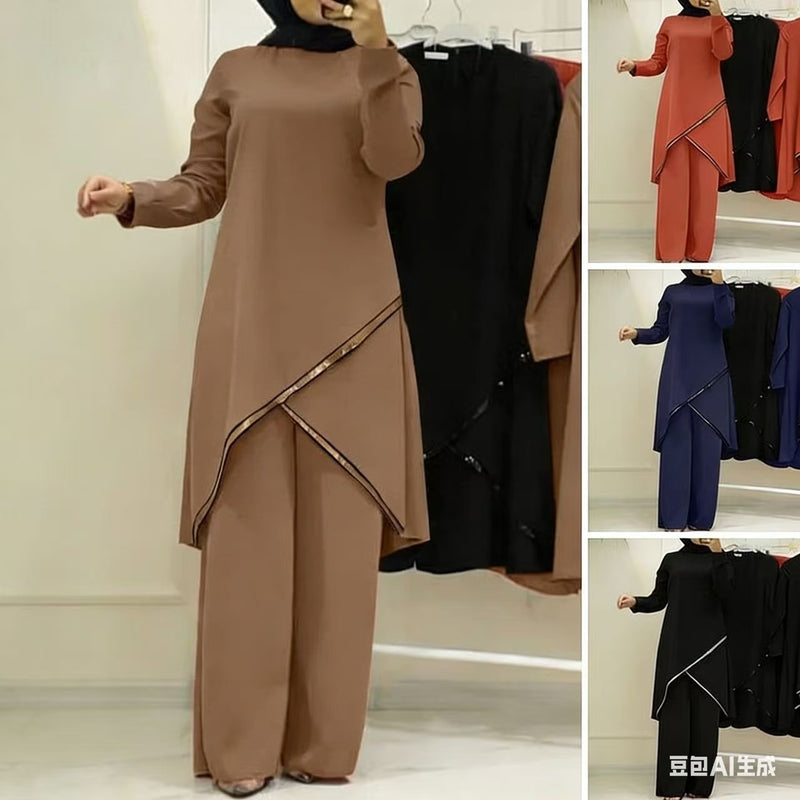 Fall Fashion Long Sleeve Loose Wide Leg Pants 2-Piece Set