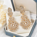 Statement Fan Shape Flower Gold Rhinestone Pendant Retro Huawei Beauty Gown Style Jewelry Set Banquet Accessory