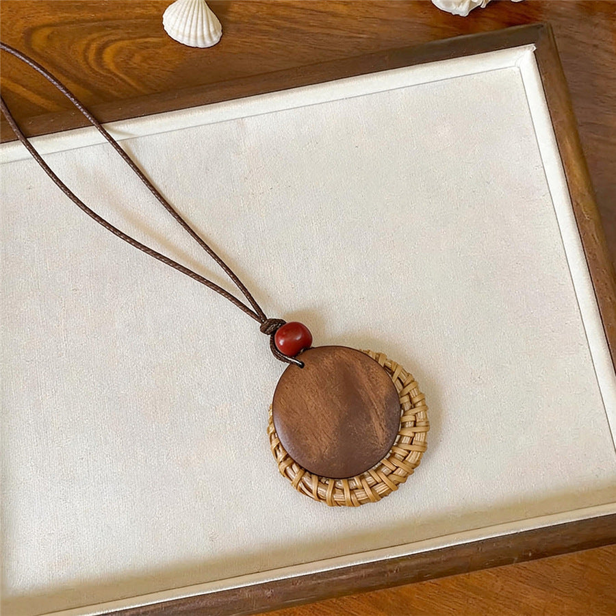 Chinese-Inspired Wooden Round Pendant Necklace - view 8