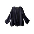 Women's Spring-Summer Artistic Linen Cotton Long Sleeve Crew Neck Lightweight Loose T - Black
