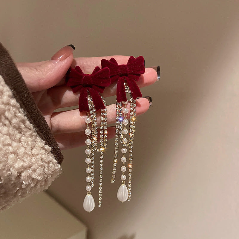 Red Square Flower Tassel Earrings - view 6