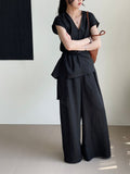 Slimming V-Neck Tie-Front Waist-Tie Wide Leg Pants + Top 2-Piece Set