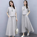 Women's Summer Slimming Linen Cotton Short Sleeve Dress + Skirt + Long Skirt 2-Piece - Light Blue