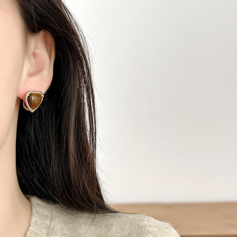 Vintage Tiger's Eye Heart Clip-On Earrings - view 2