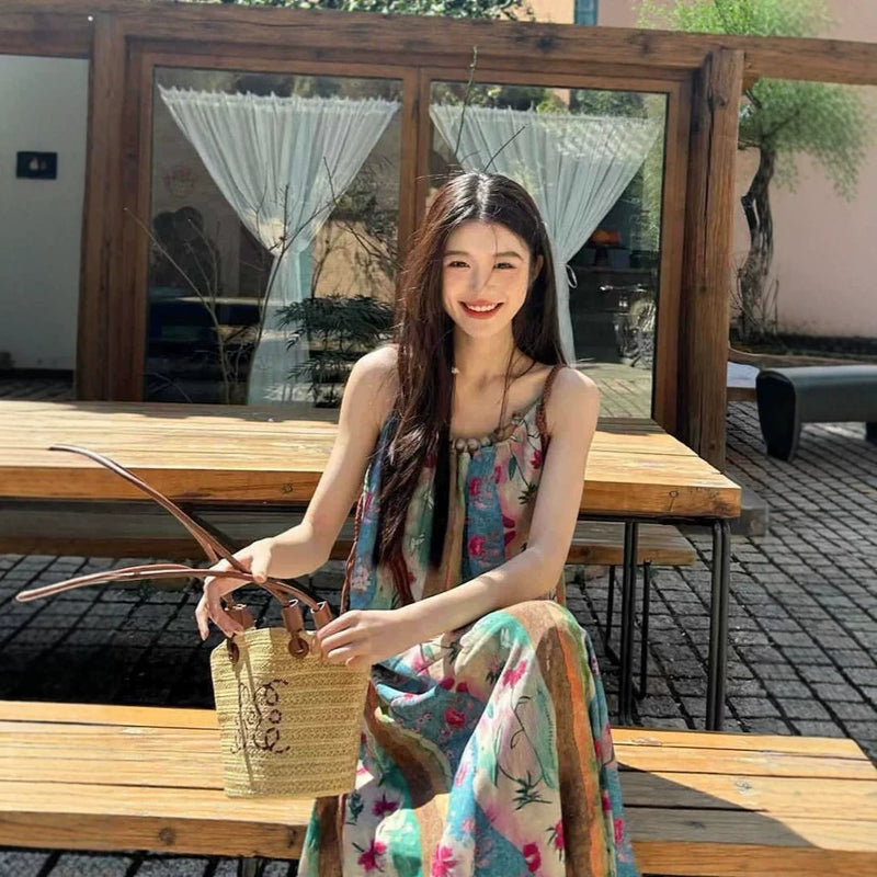 French Retro Floral Camisole Beach Long Dress