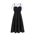 Plus Size Spliced Maxi Dress - French Style Waist-Cinching Short Sleeve with Straps