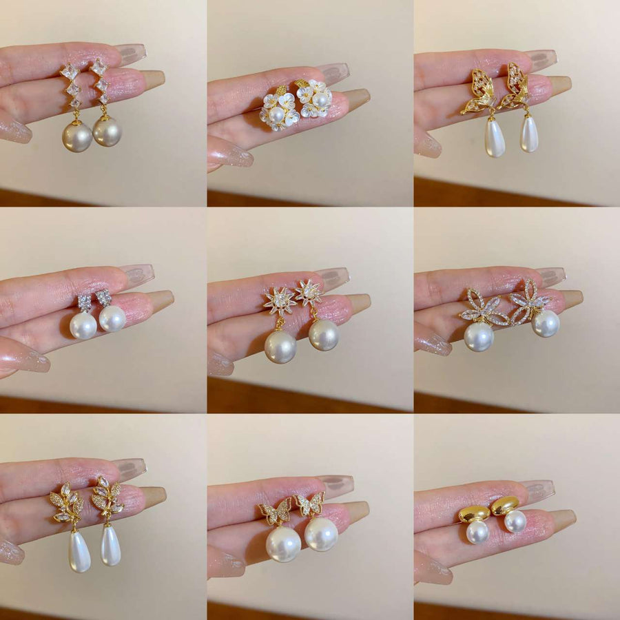 French Rhinestone Flower Round Pearl Earrings - view 3