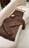 2026 Spring Jacquard Lace Lapel Collar Hollow-Out Wide Leg Pants + Top Set