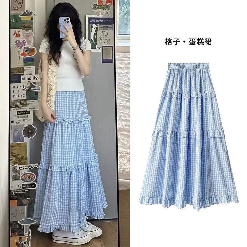 Blue gentle small fresh plaid skirt for women autumn 2025 new high-waisted a-line skirt mid-length cake skirt