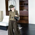 Girls' Lapel Zip Top Plaid Pants Two-Piece Set