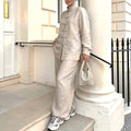 Women's Casual Linen Cotton Long Sleeve Stand Collar Frog Button Loose Shirt + Pants - Apricot