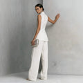 Fashion Elegant Linen Cotton Sleeveless Drapey Shirt + Pants Set