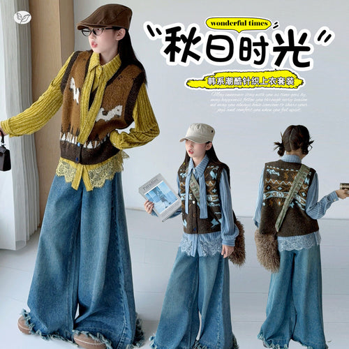 Girls' Lace Trim Shirt, Vest & Fringe Jeans - 3-Piece Korean Set