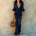Summer Casual Fashion Short Sleeve V-Neck Tie-Front Ruffle Shirt Set