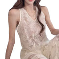 Women's Early Spring Slimming Unique Lace Hollow-Out Mid-Length Long Dress + Camisole - Milk White