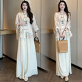 Early Spring New Chinese Fashion Frog Button Printed Loose Wide Leg Pants + Top 2-Piece Set