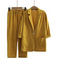 Women's Linen Cotton 3/4 Sleeve Textured Loose Elastic Jacket + Pants Set 2026 - Black