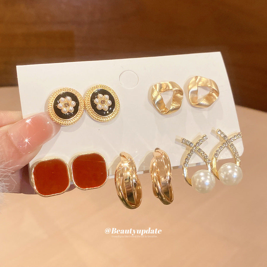 French Enamel Flower and Pearl Stud Earring Set - view 9