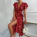 Women's Deep V Tie Waist Floral Vacation Maxi Dress