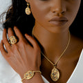Overseas Jewelry New Oval Round Cutout Plated Steel Bead Necklace Bracelet Set Earrings Ring Niche Design Detail Set
