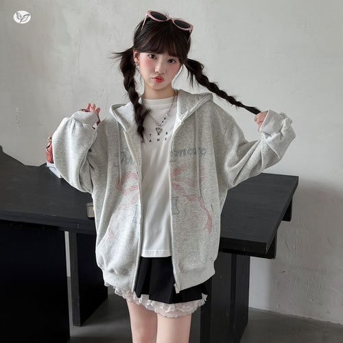 Girls' Cartoon Crystal Print Zip Hoodie Jacket - Loose Fit