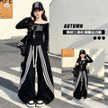 Girls' Printed Boat Neck Tee Stripe Wide-Leg Pants Sports Set