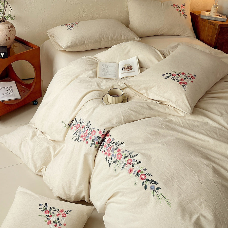 Evening Breeze Flower Talk French Embroidered Cotton-Linen 4-Piece Bedding Set - view 2