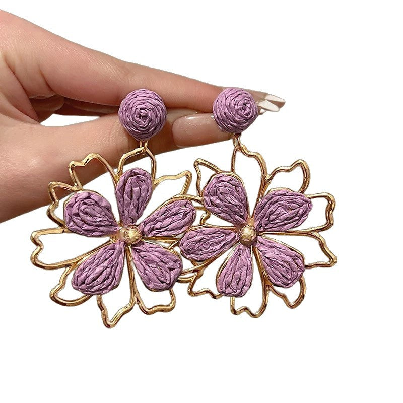 Purple Raffia Openwork Flower Tassel Earrings - view 5