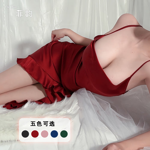 菲韵网红风新款吊带睡裙性感迷人荷叶边底摆开叉睡衣家居服635
