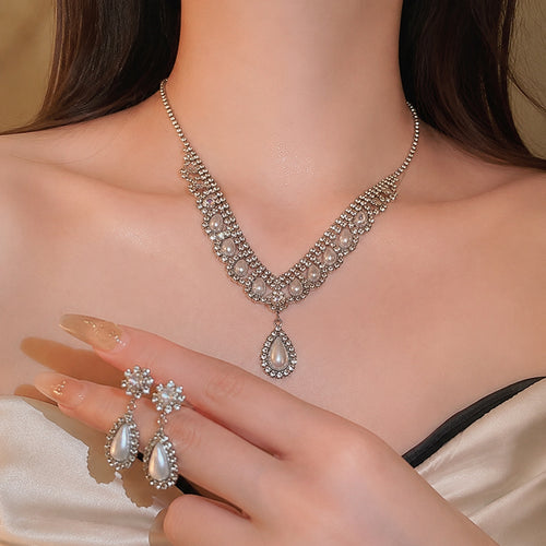 Star River Drop Tear Gentle Rhinestone Teardrop Pearl Jewelry Set Wedding Banquet Necklace Light Luxury Niche Necklace Women