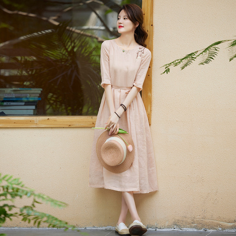 Literary Ramie Embroidered High Waist A-Line Dress S281