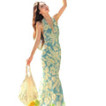 Peacock Blue Floral Halter Backless Dress, Seaside Vacation