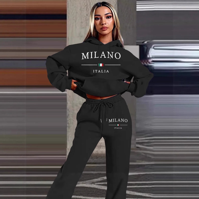 Fashion Plus Size Lined Printed Letter Print Hoodie Set