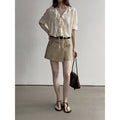 Summer Office French Short Sleeve V-Neck Tie-Front Ruffle Shirt
