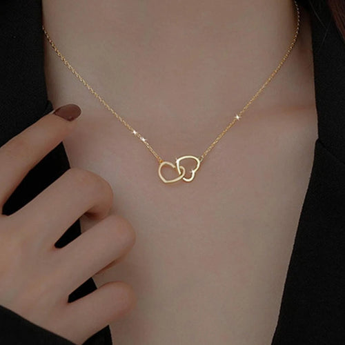 Korean Simple Metal Pair Heart Clavicle Chain Elegant Cutout Pair Band Heart Mutual Clasp Pendant Short Necklace N6182