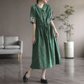 Washed Cotton Embroidered Drawstring Fitted Mid-Length Dress