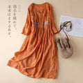 High-End Embroidered Cotton Linen Ethnic Style 3/4 Sleeve Mid-Length Dress