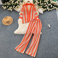 Retro Slimming Plus Size Knit Striped Loose Color-Block Wide Leg Pants + Cardigan Set