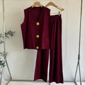 Knit Tank Top plus Wide Leg Pants Set - Large Button Two-Piece Summer Outfit