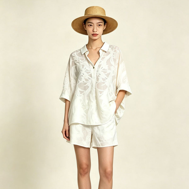 Summer Fashion Mulberry Silk Silk-Linen Short Sleeve Double-Layer Lightweight Cropped Pants + Top 2-Piece Set