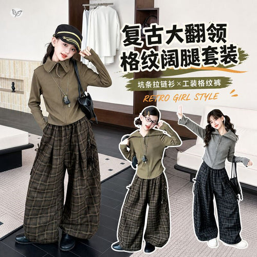 Girls' Lapel Zip Top Plaid Pants Two-Piece Set