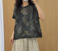 Summer Korean Artistic Ramie Mini Flutter Sleeve Stand Collar Printed Loose Shirt