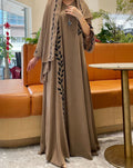 Turkish Style Pink Chiffon Plant Print Embroidered Long Dress
