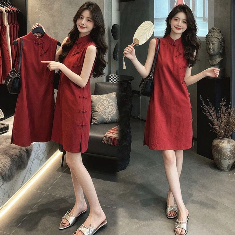 New Chinese Modified Cheongsam Dress, Stand Collar Sleeveless