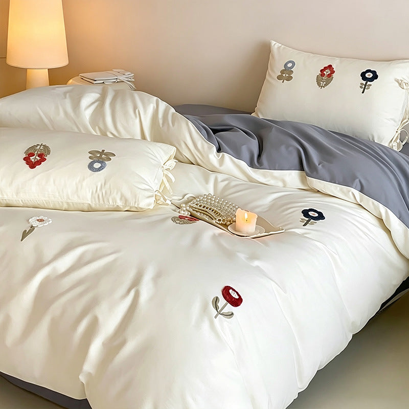 Flower Whisper Pink Embroidered Brushed Cotton 4-Piece Bedding Set - view 2