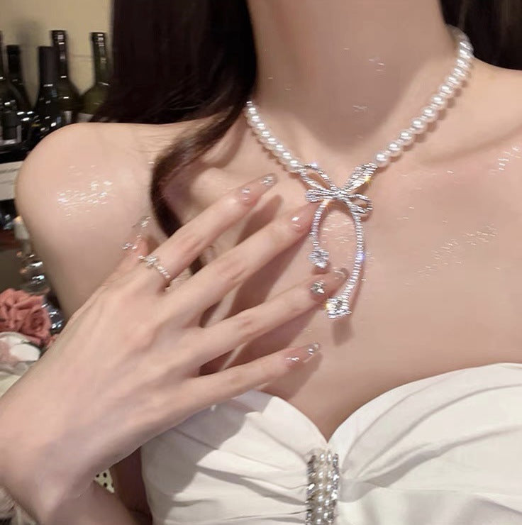 French Multi-Layer Pearl and Rhinestone Necklace - view 4