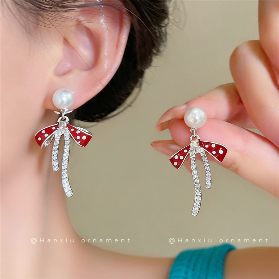 Korean Bow Pearl Stud Earrings - view 3