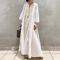 Japanese Retro White V-Neck Fringed Heavy Embroidery Floral Long Dress, 3/4 Sleeve