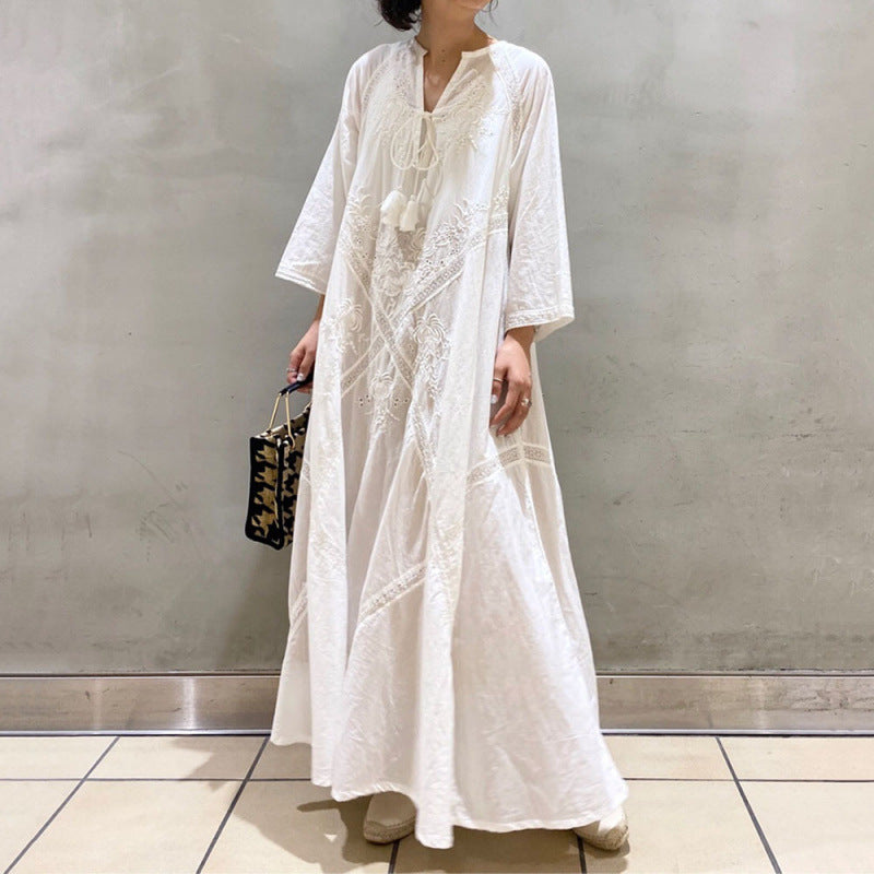 Japanese Retro White V-Neck Fringed Heavy Embroidery Floral Long Dress, 3/4 Sleeve