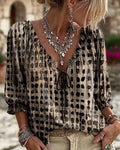 Summer Bohemian 3/4 Sleeve V-Neck Tie-Front Drawstring Shirt
